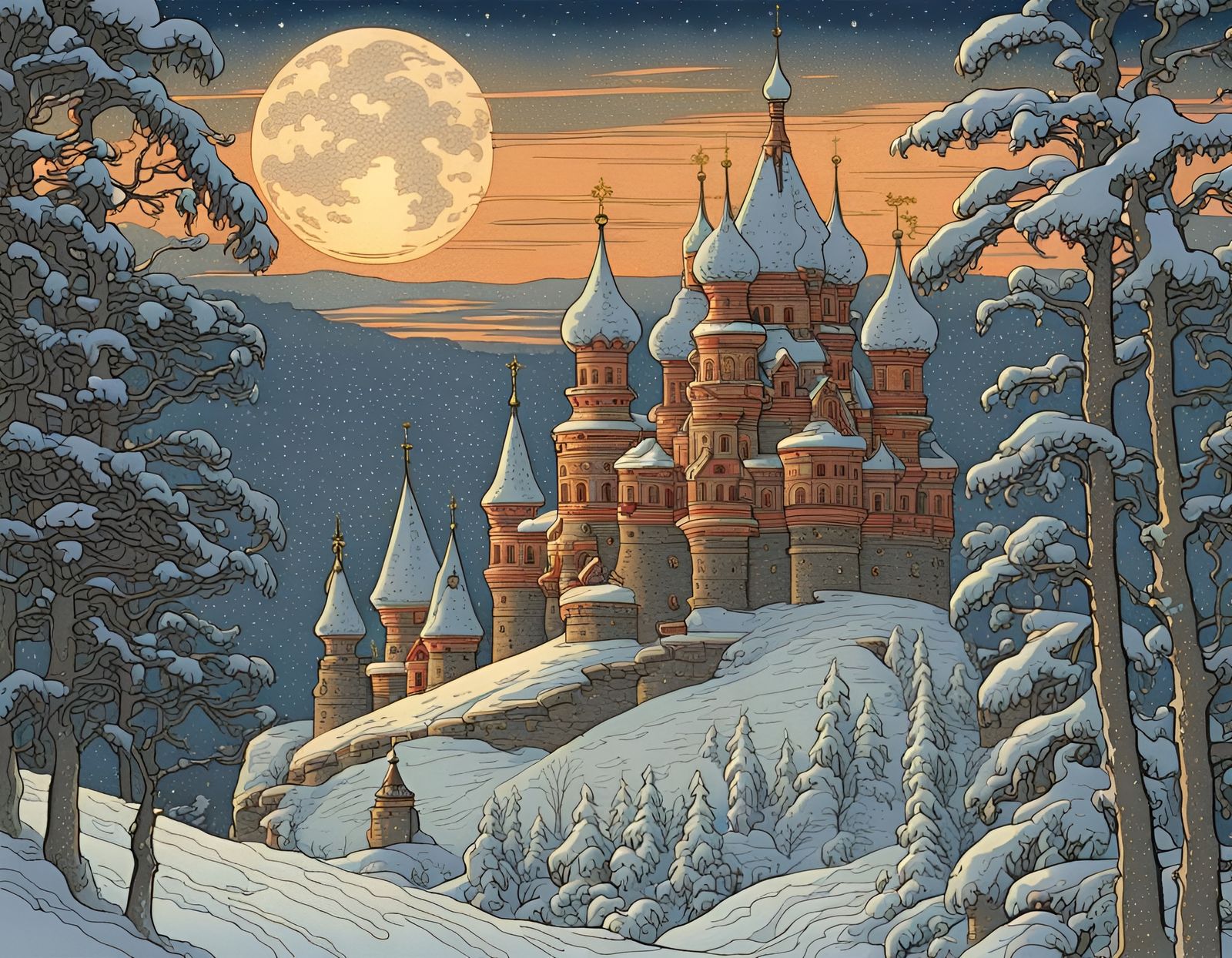 Enchanting Russian Castle Illustration in Winter