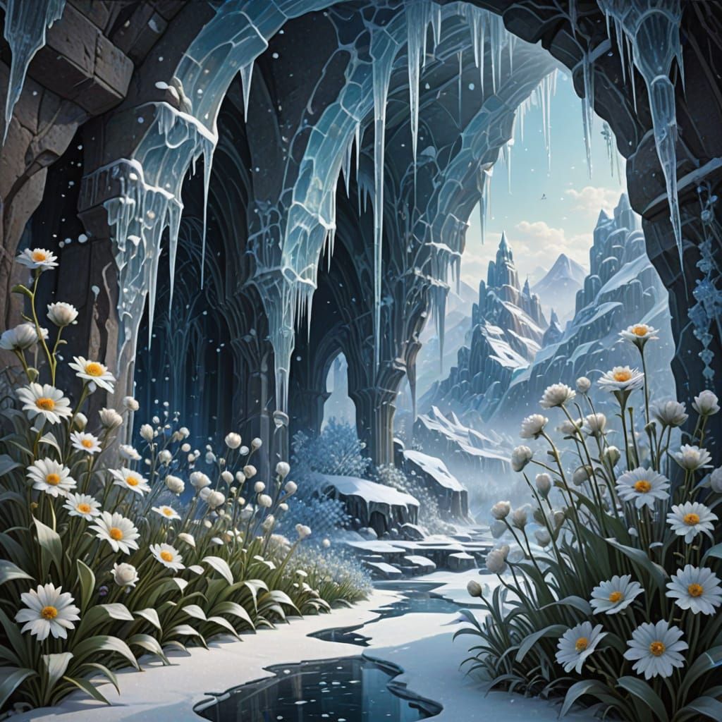 Enchanting Icy Flower Garden in Frozen Cavern