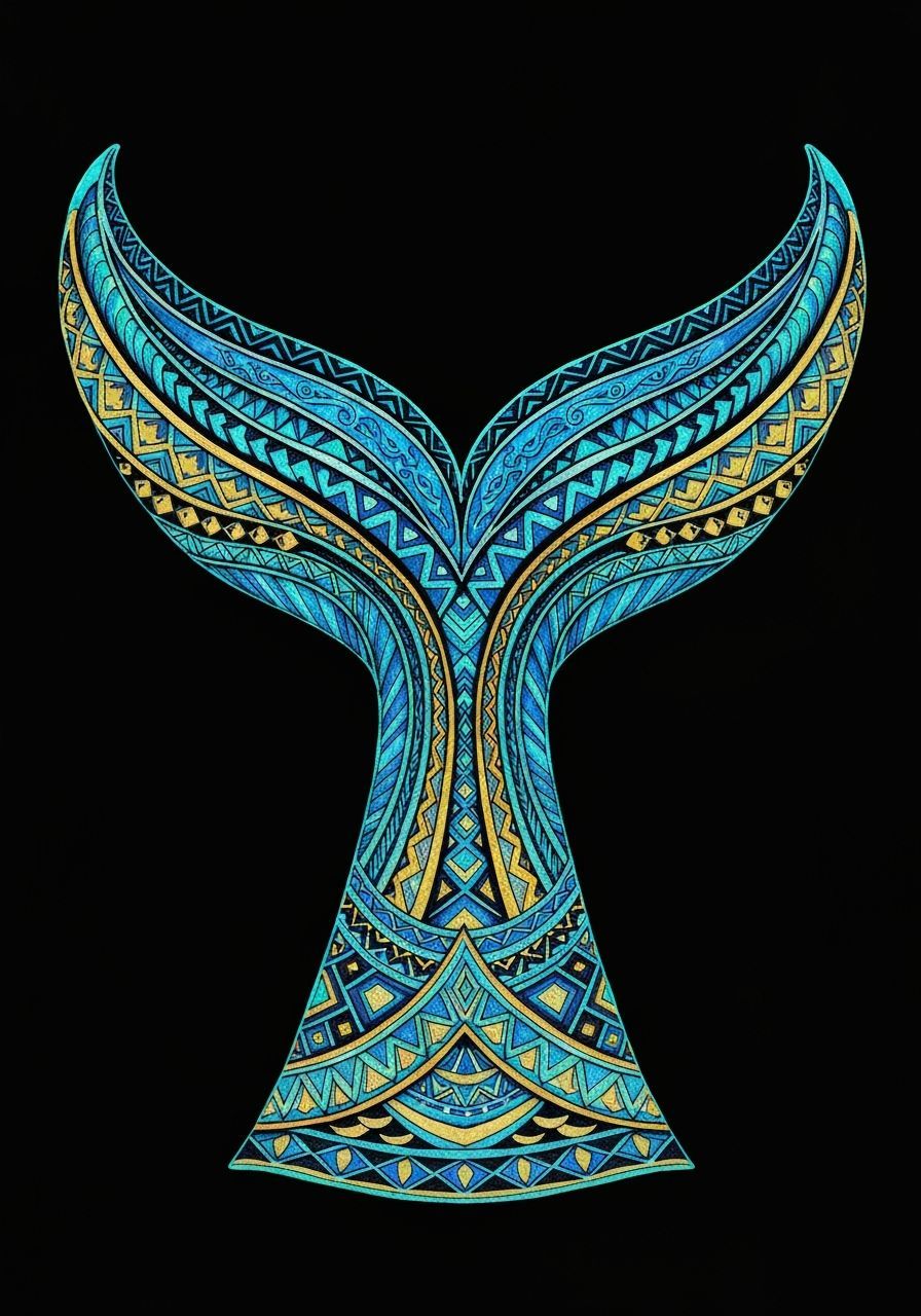 Polynesian Whale Tail with Tribal Art and Watercolor Texture...