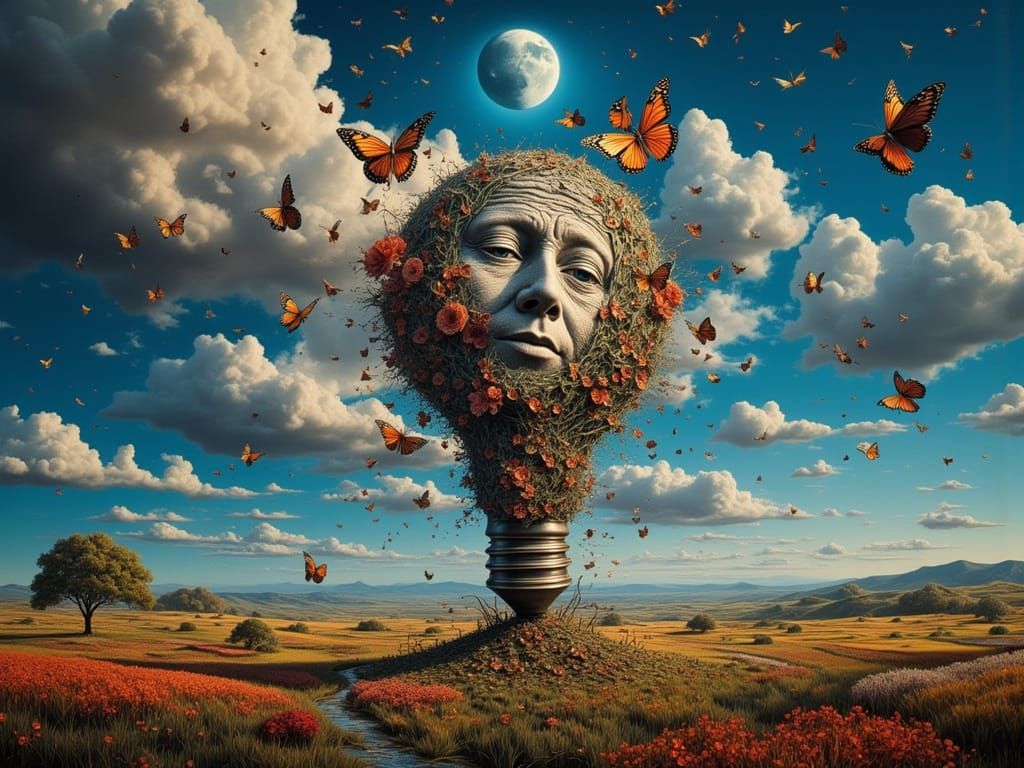 Butterfly Lightbulb Illusion: Surreal Flower Faces Landscape