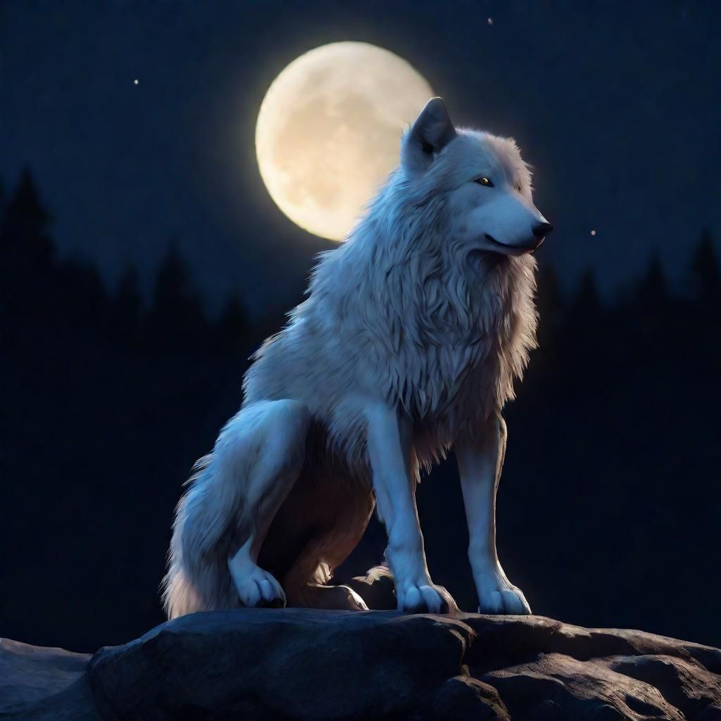 Regal White Wolf Under Full Moon in 3D