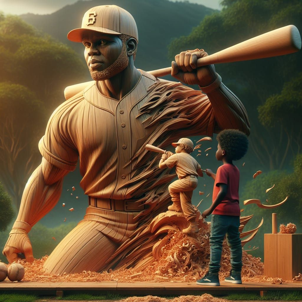 Boy Sculpting Baseball Icon in Lush Outdoor Scene