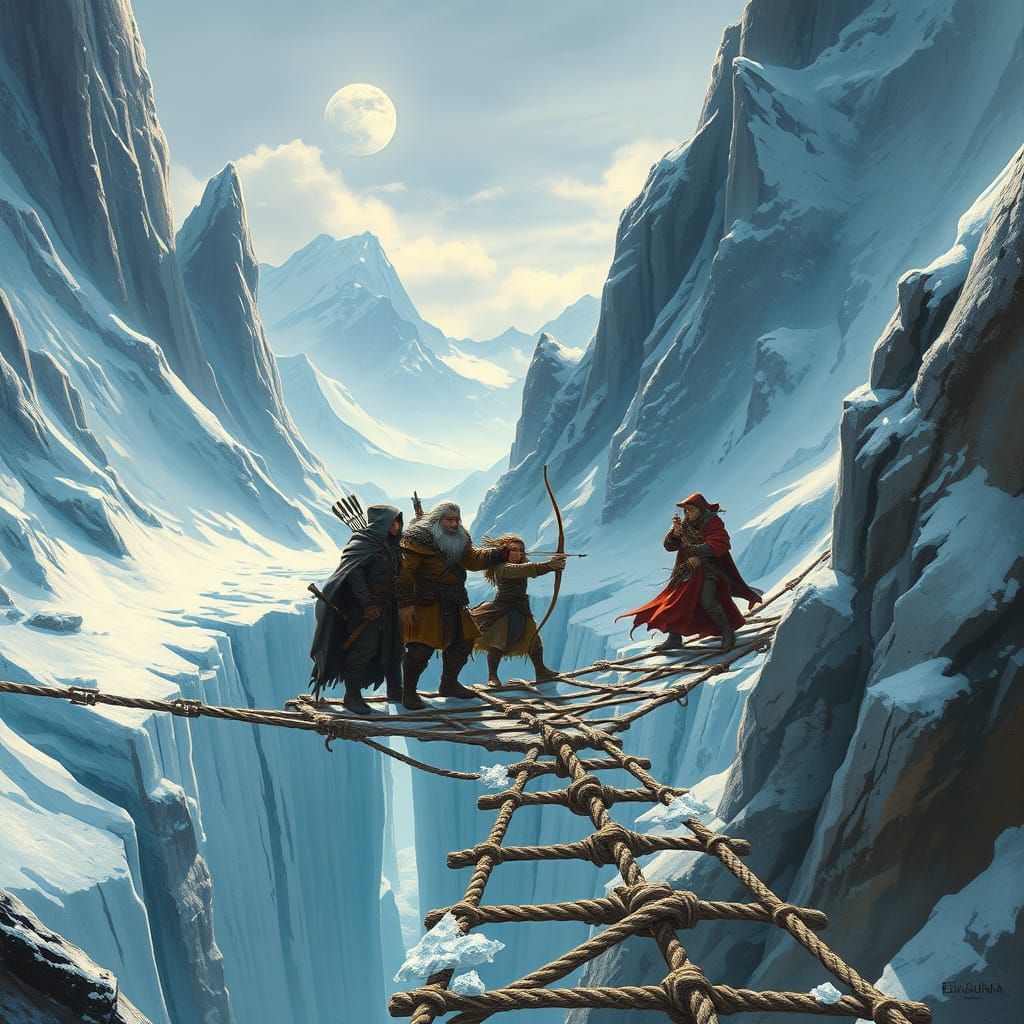 Adventurers Cross Frozen Peaks in Atmospheric Fantasy Art