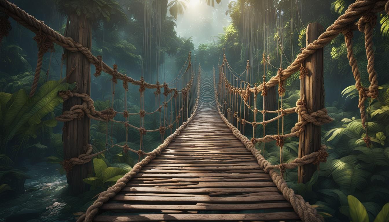 Lush Jungle Rope Bridge in Detailed Matte Painting
