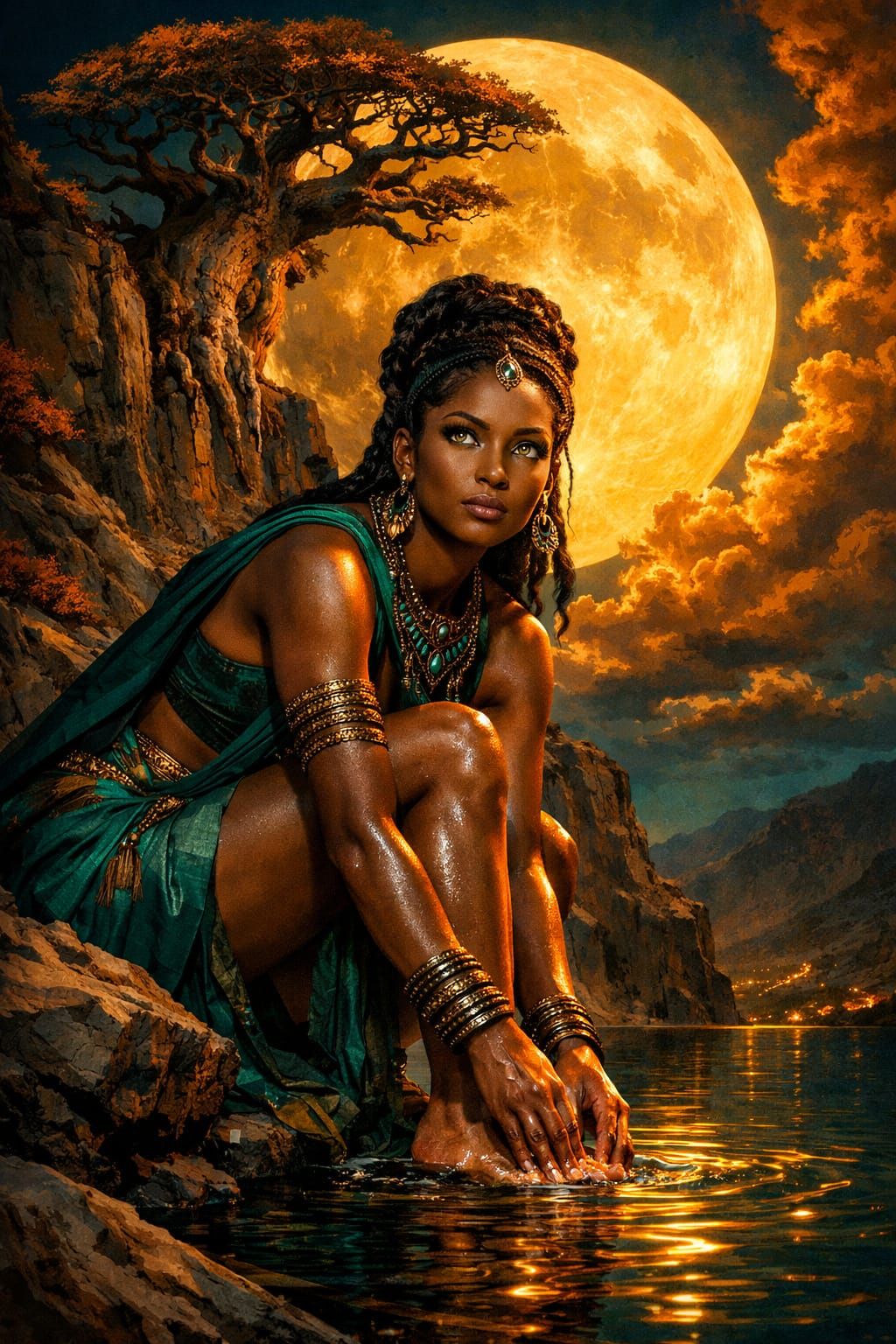 Princess Nyamira at African Lake Under Golden Moon