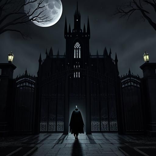 Eerie Gothic Gate with Mysterious Figure in Moonlight