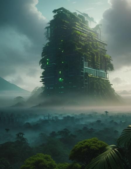 Overgrown Skyscraper Amidst Jungle, Digital Matte Painting