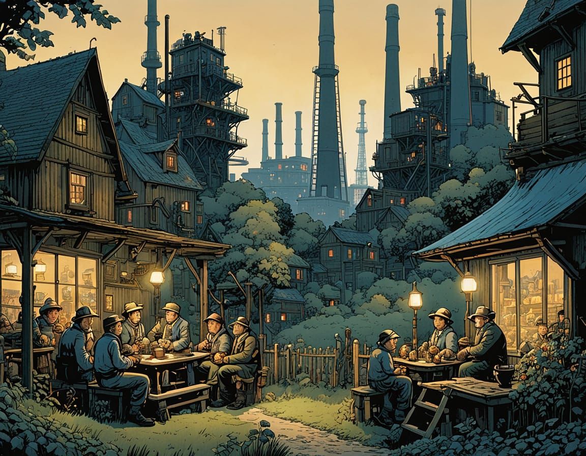 Miners' Family Enjoys Evening in Garden with Coal Mine Tower...