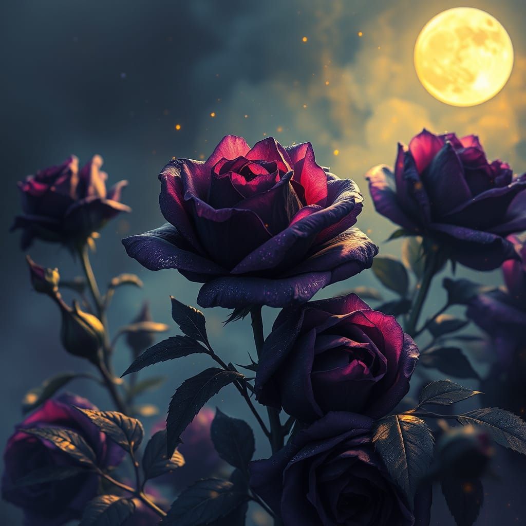 Glittering Black Roses in Moonlight Watercolor