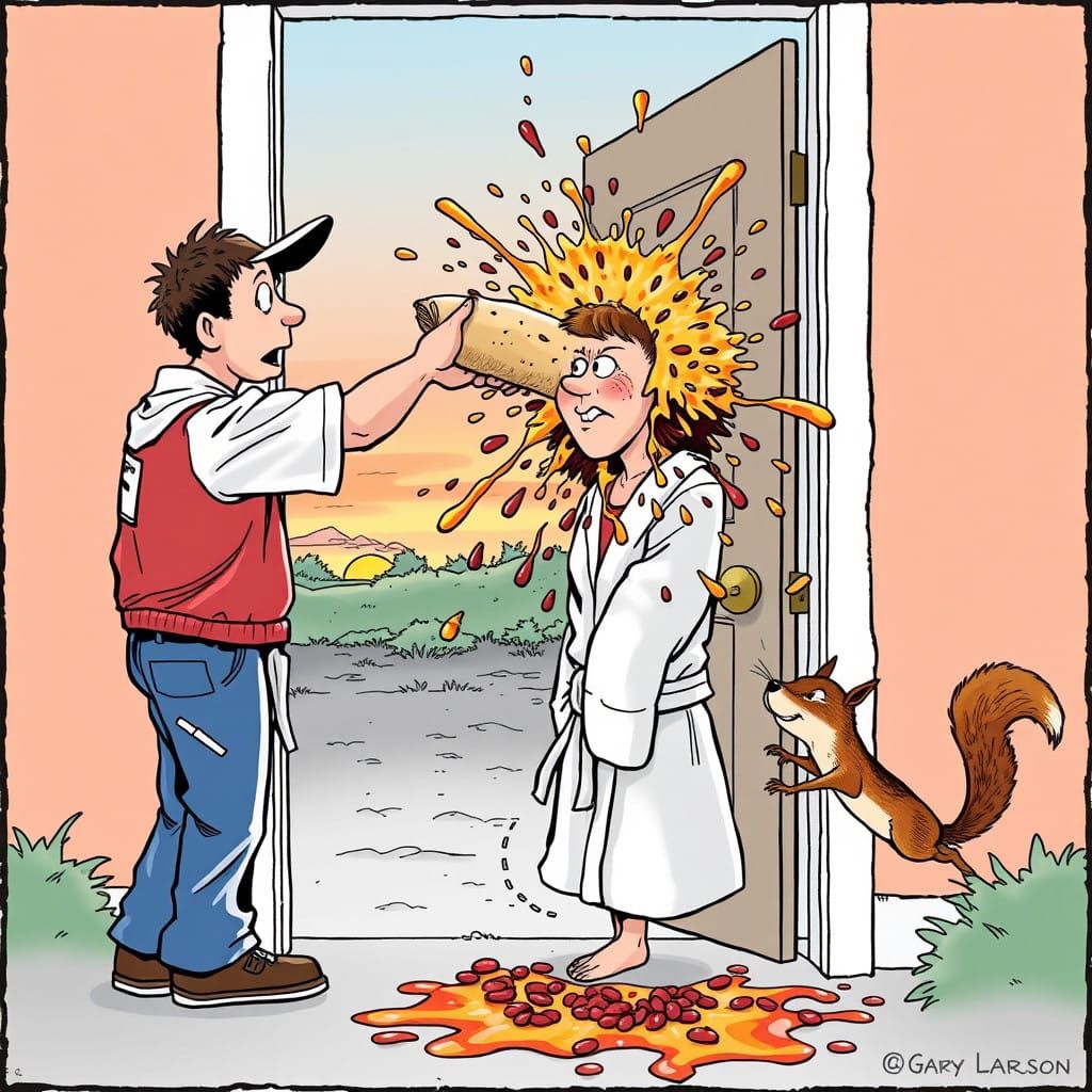 Slapstick Comedy Cartoon Chaos: Paperboy Throws Burrito Face