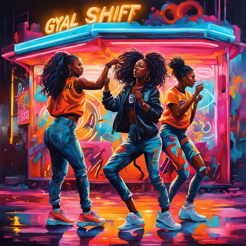 Dancing Black Women Below Neon Sign, Graffiti Art