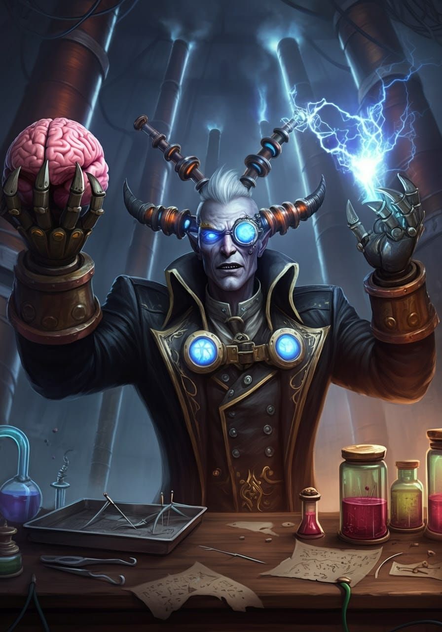 Tesla Coil Demon with Brain in Cyberpunk Lab