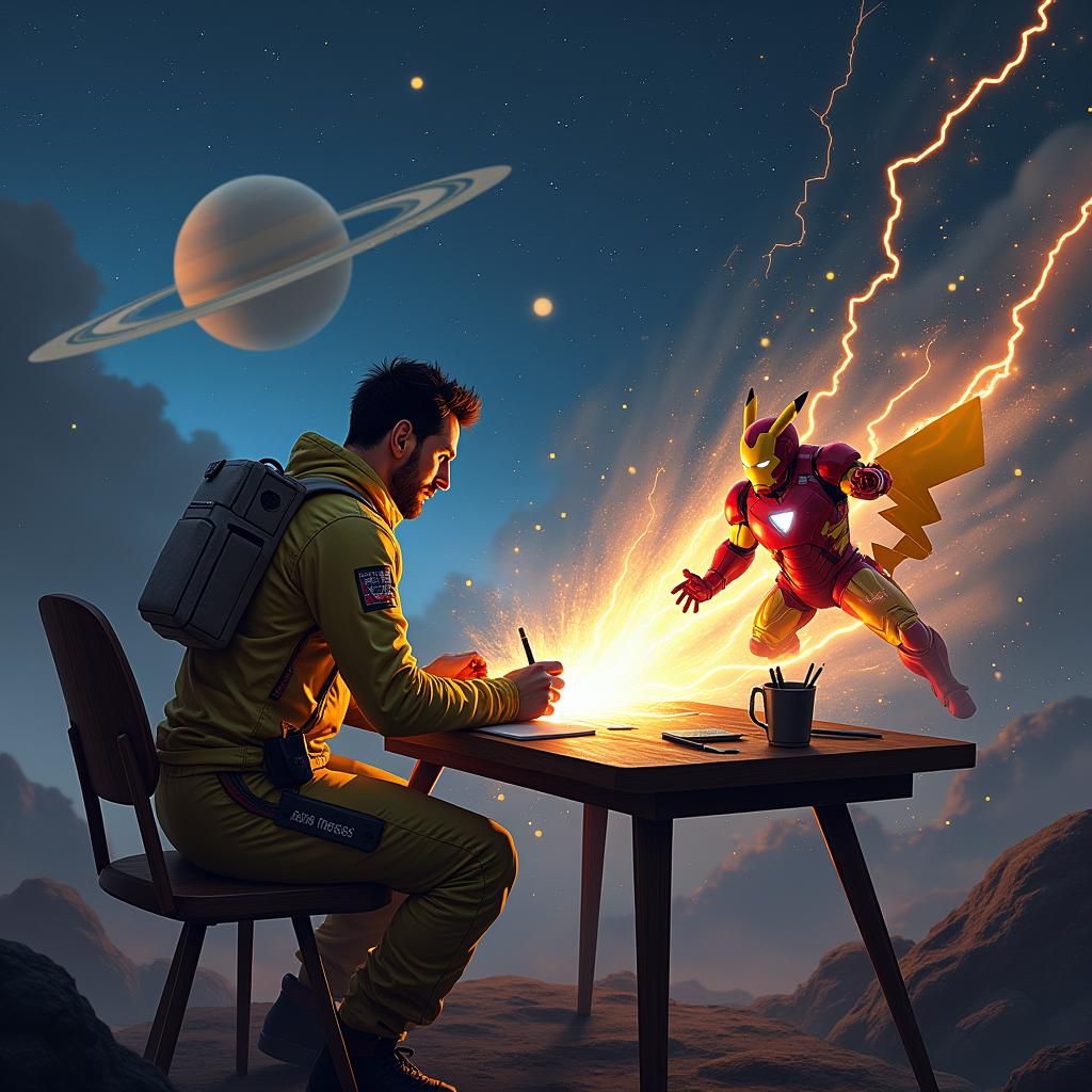 Messi Draws Pikachu Fighting Iron Man in Space