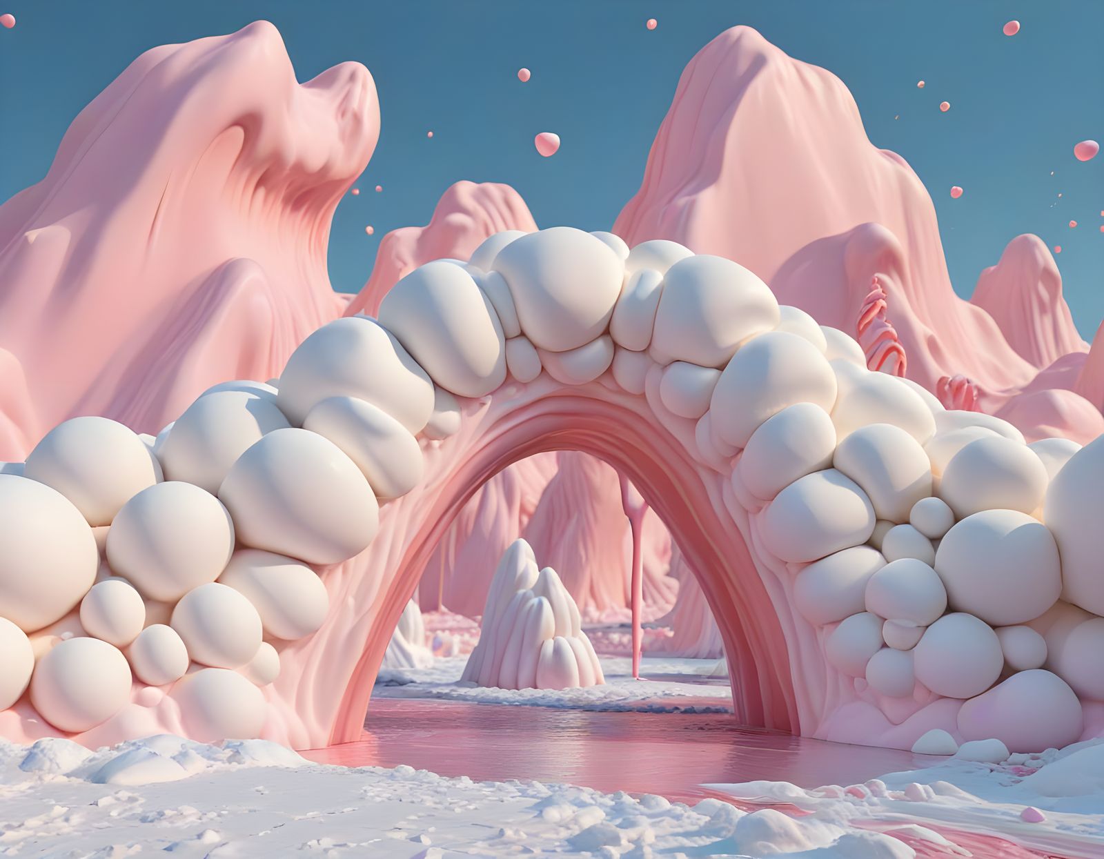 Surreal Marshmallow Landscape with Melting Chocolate River