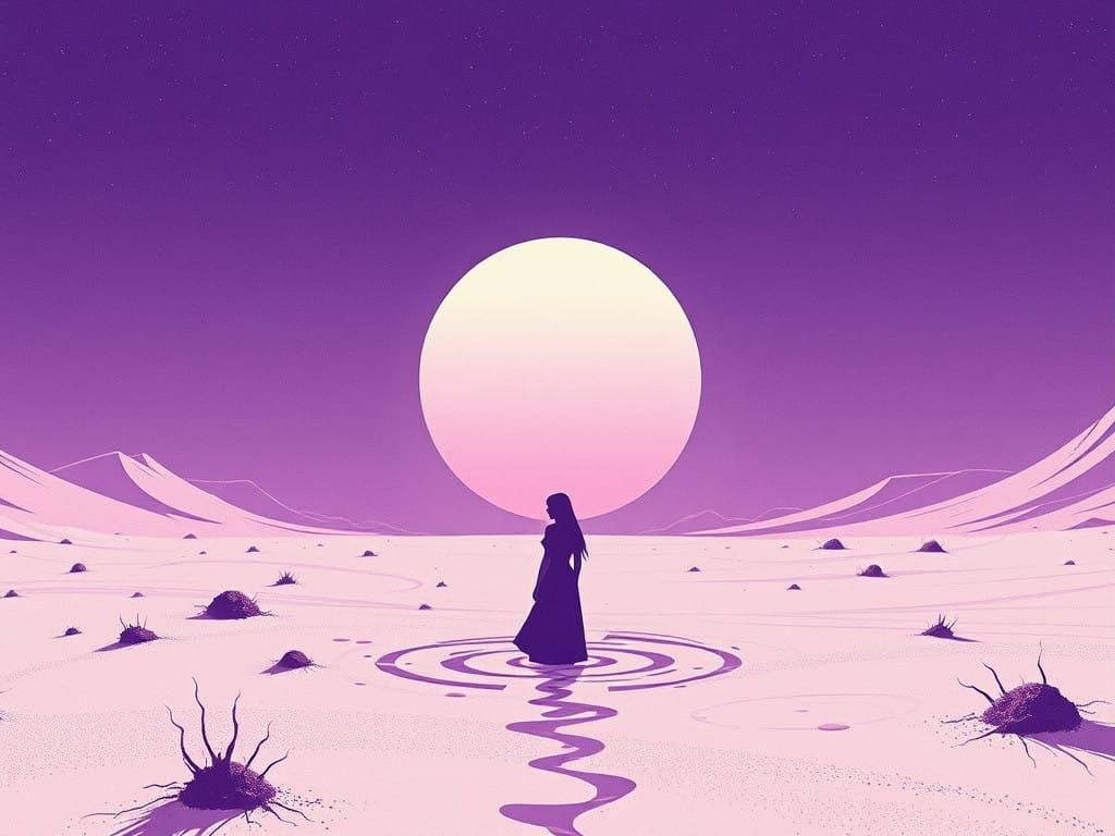 Lone Figure in Retrofuturistic Sci-Fi Landscape