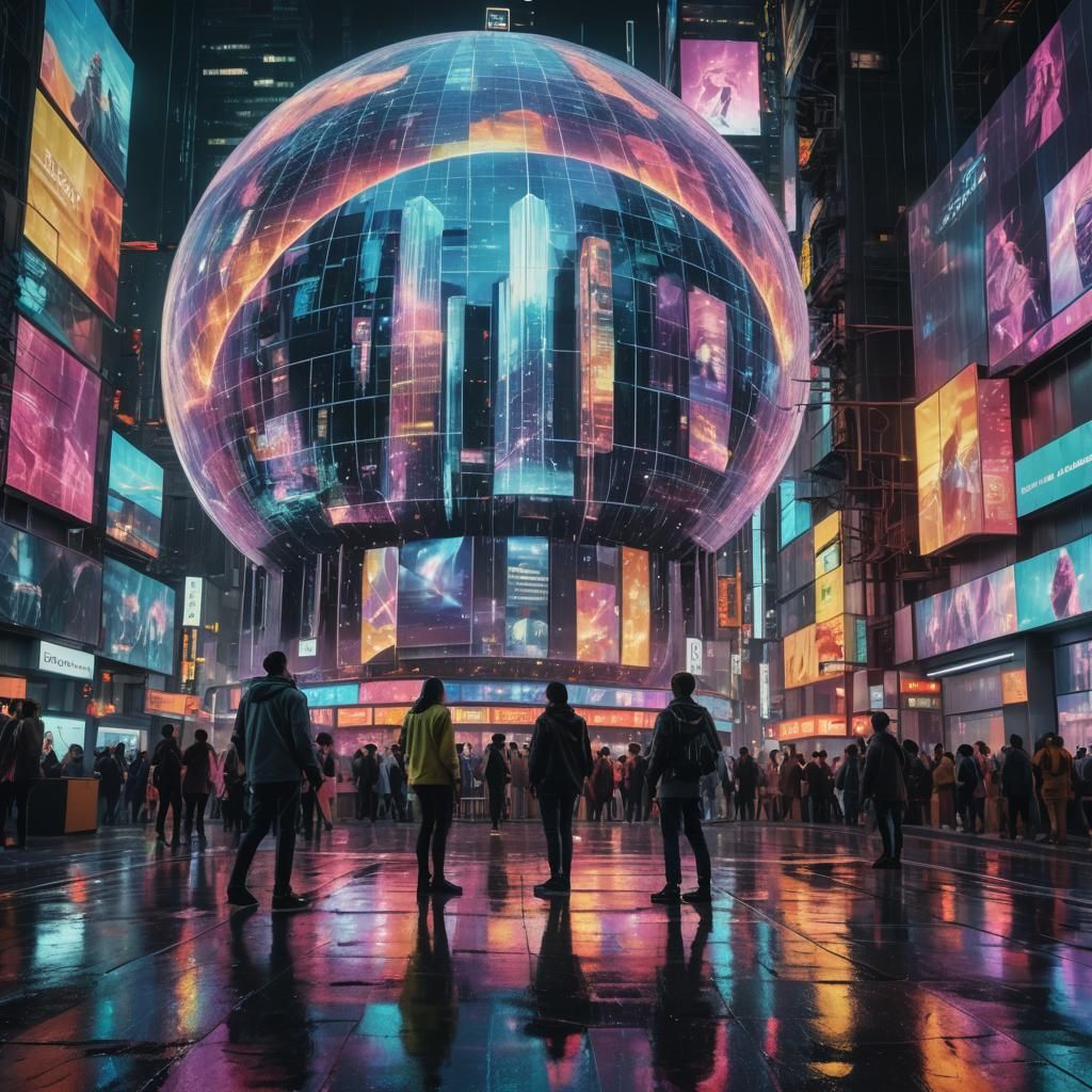 Neon-Lit Futuristic Cityscape with Holographic Displays