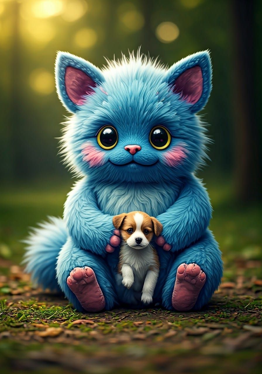 Cute Plush Creature and Puppy in Batik Style