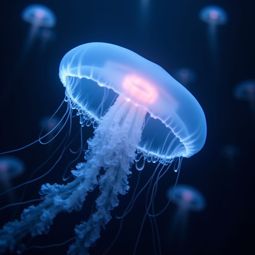 Luminous Albino Jellyfish in Soft Blue Light