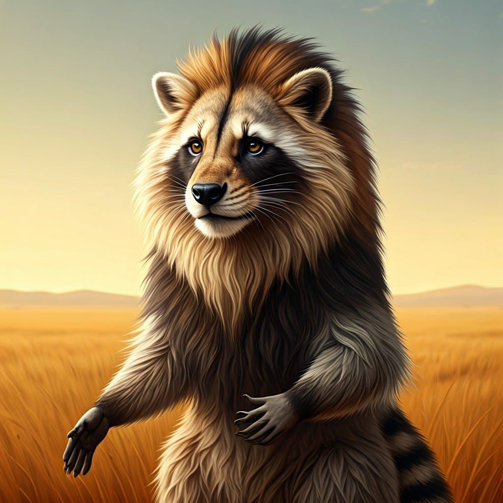 Savannah Symbiosis: Giraffe-Lion-Raccoon Hybrid in Vibrant, ...