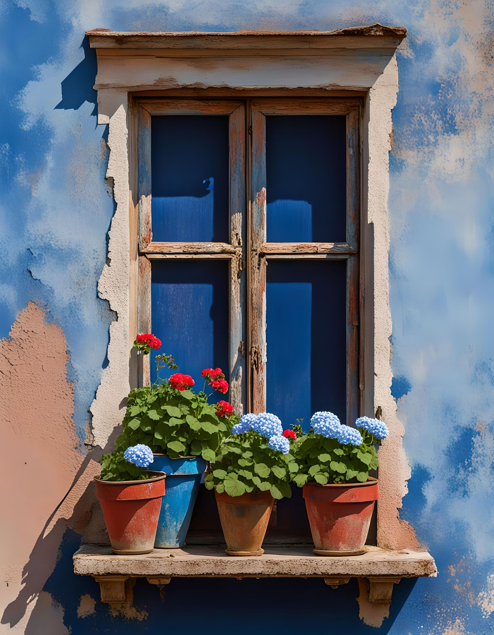 Decaying Wooden Window with Geraniums