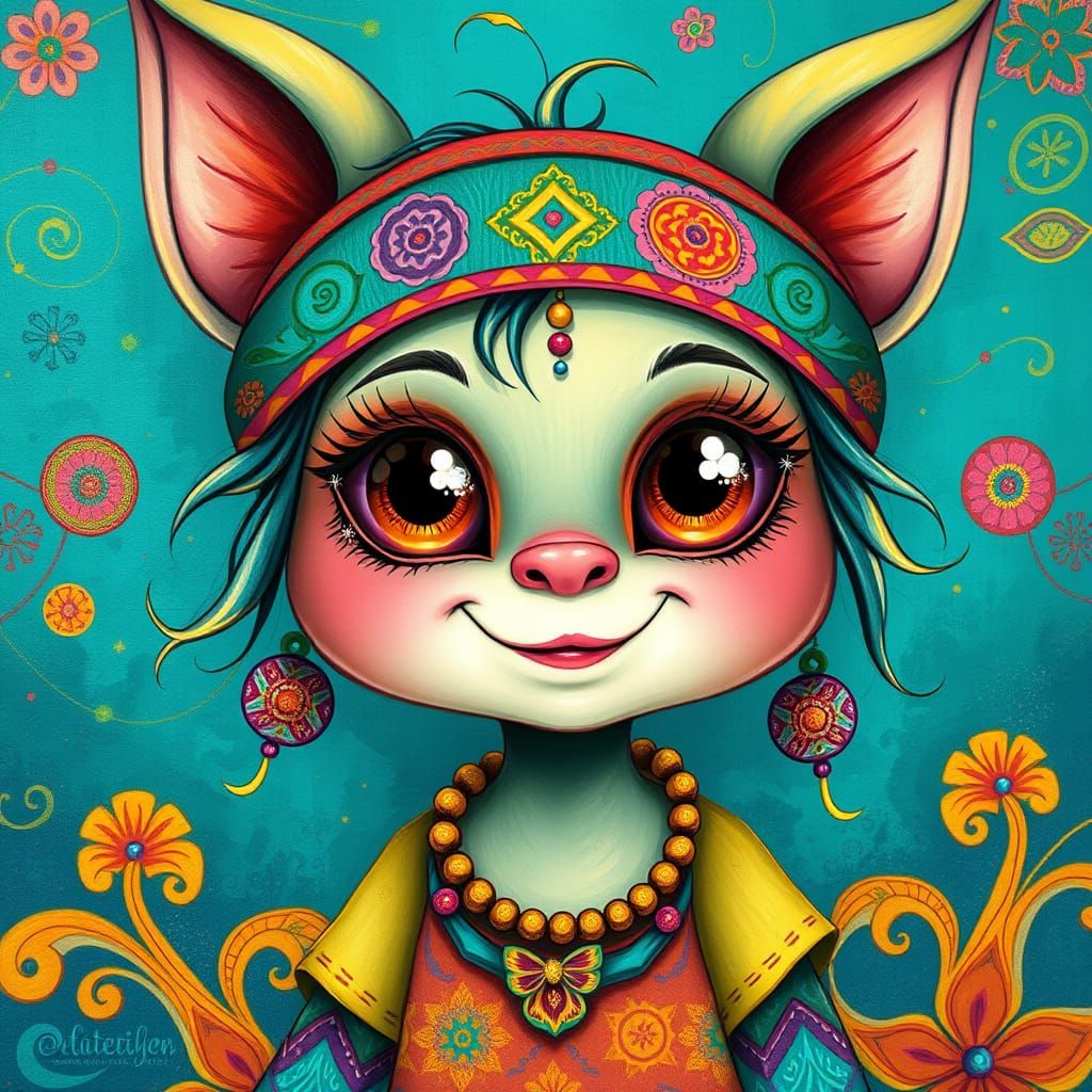 Whimsical Creature in Hippie Style with Sparkly Eyes