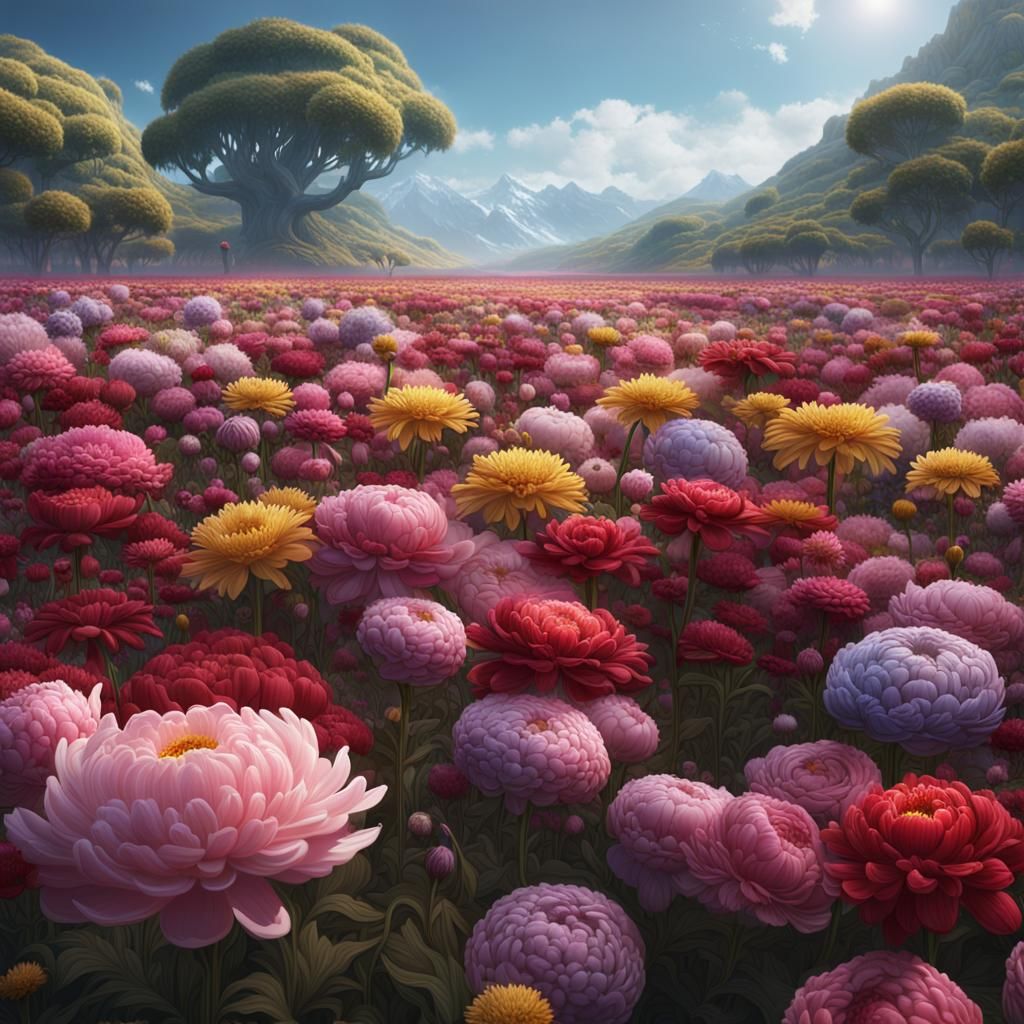 Chrysanthemum and Peony Flower Field in Detailed Digital Art