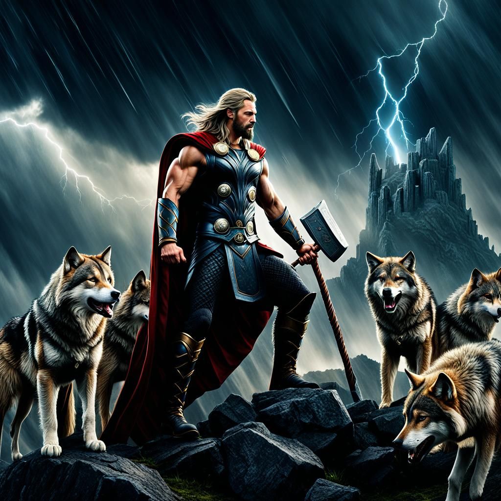 Mythical Thor, on hill during storm with wolves ready for ba...