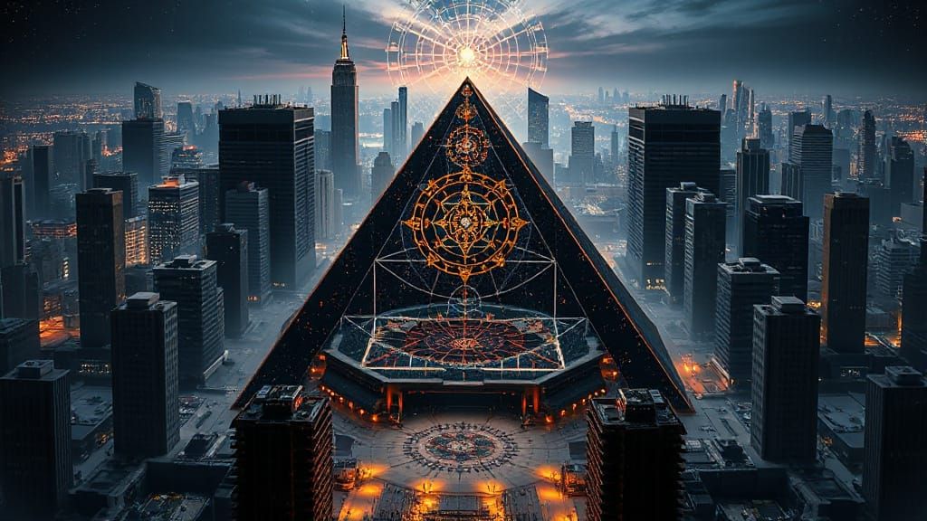 Surreal Geometric Cityscape with Sacred Mandalas