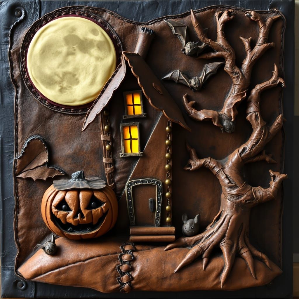 Surreal Halloween Scene in Distressed Leather