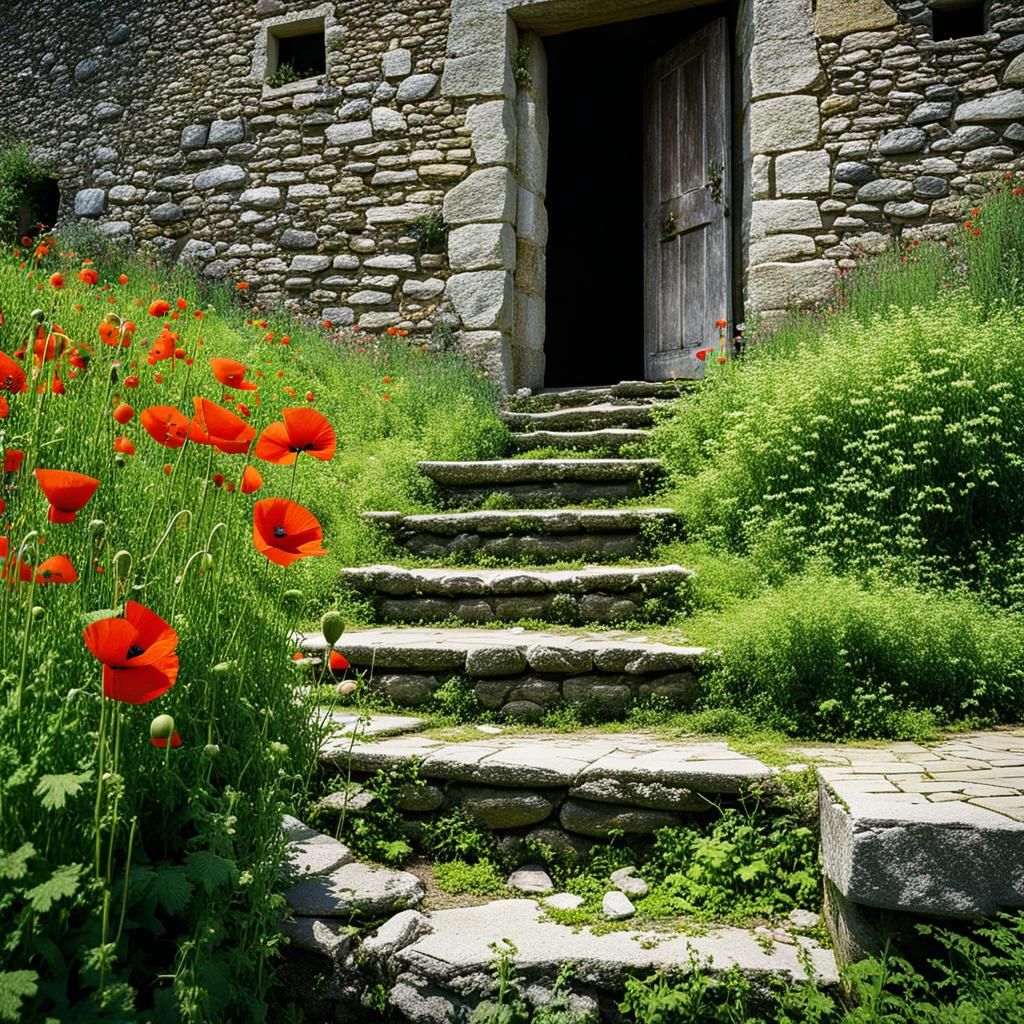 Eerie Poppies Adorn Abandoned Stone House