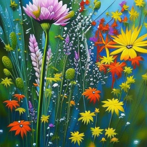 Realistic Wild flowers and butterflies in the rain, sharp details, colorful background, graffiti art, splash art, street...