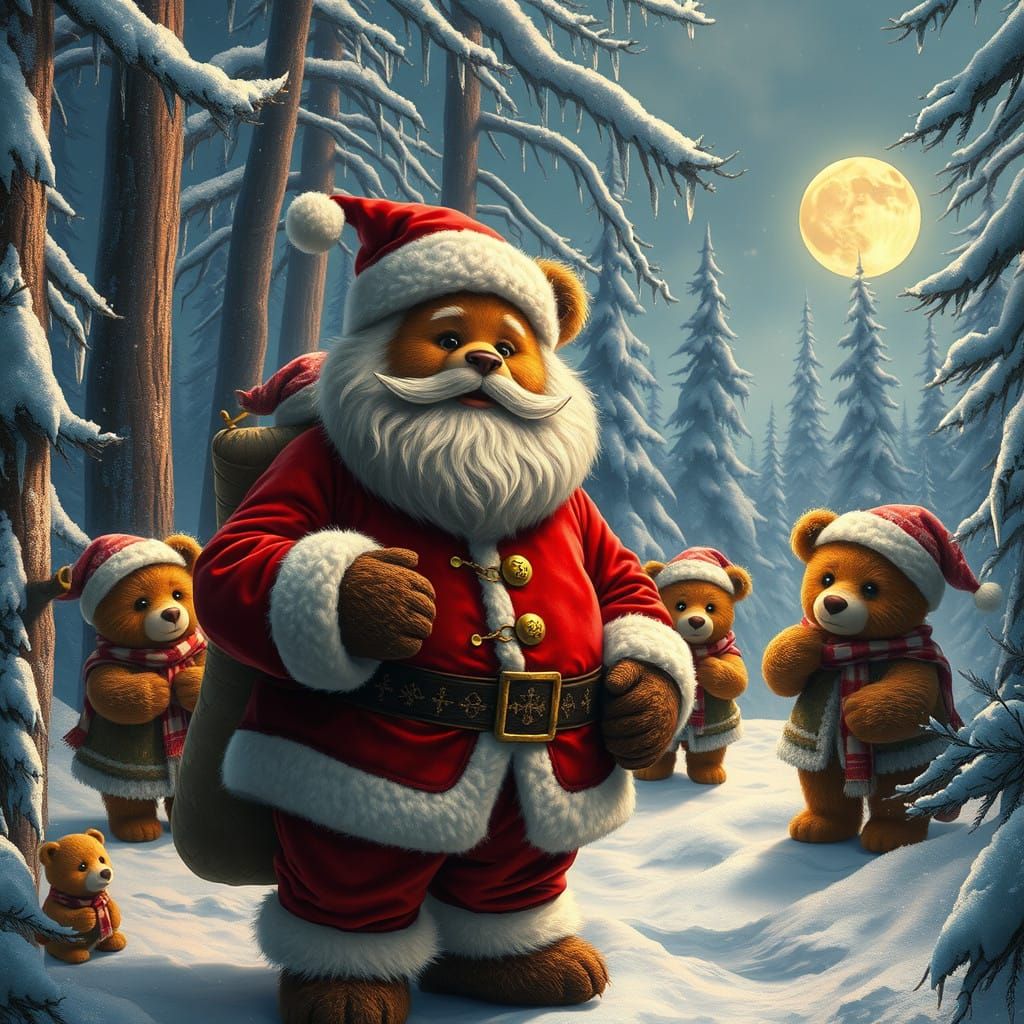 Jovial Santa Teddy Bear in Whimsical Winter Wonderland