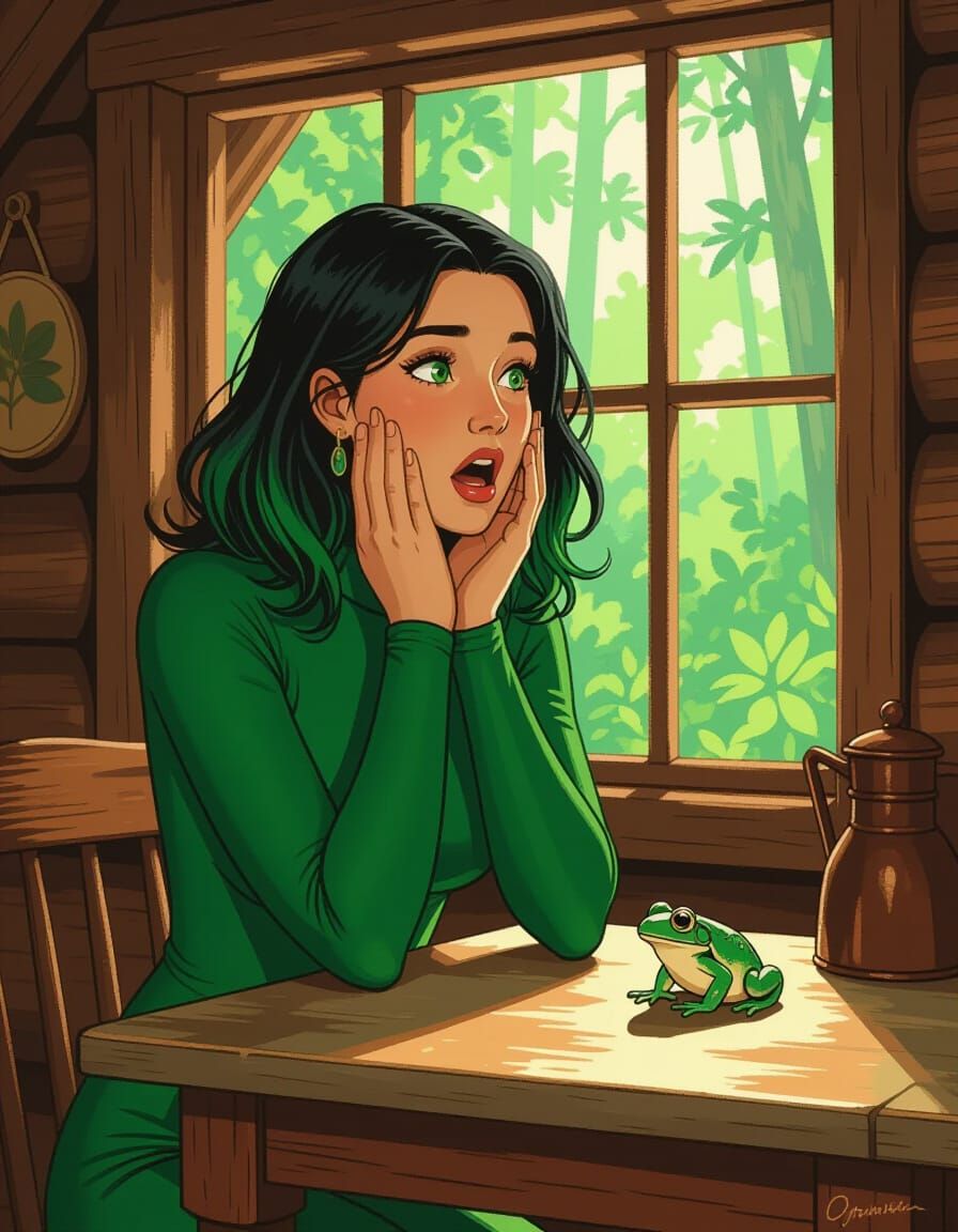 Woman Gazing at Frog in Lush Artistic Style