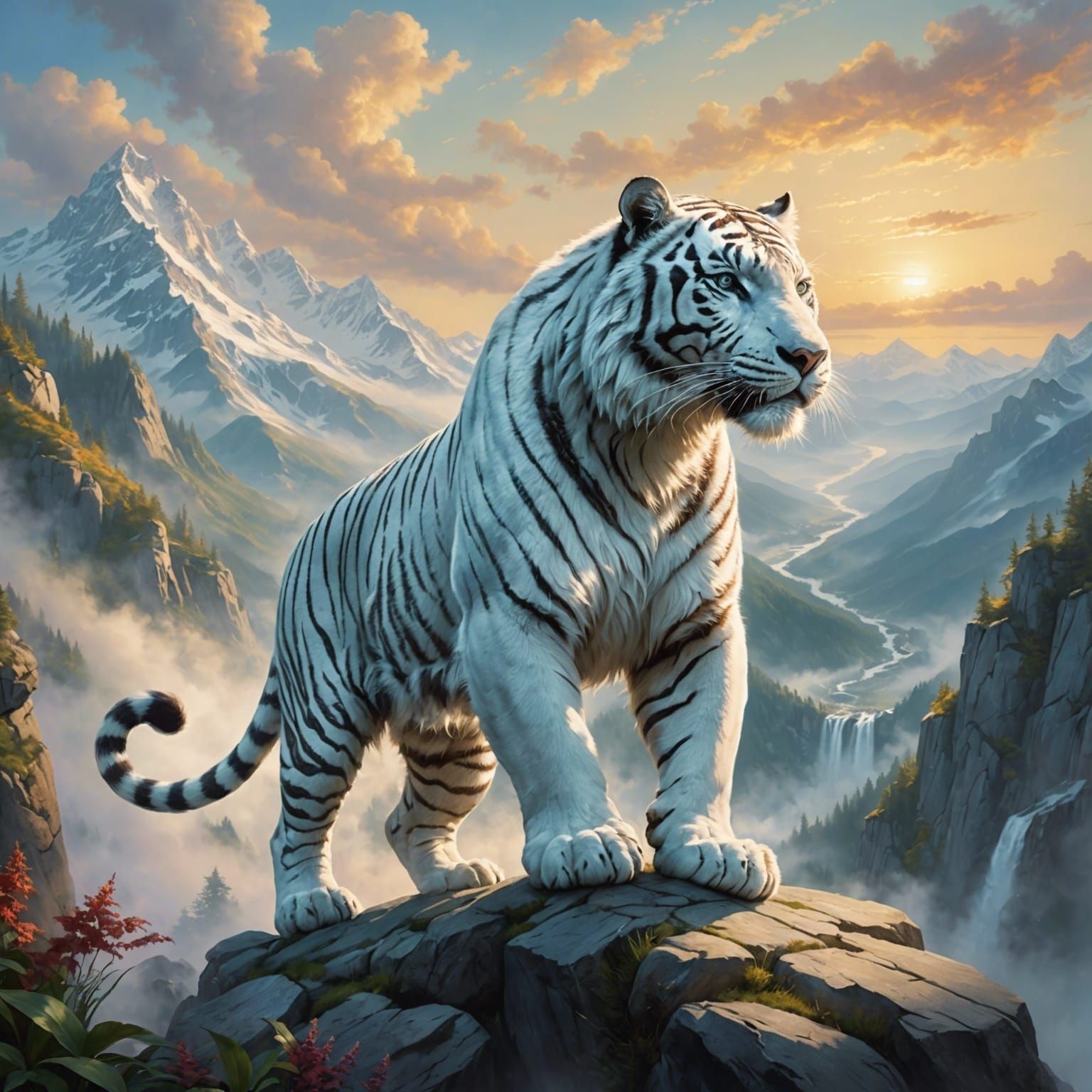 White Tiger Climbs Mountain in Sunshine