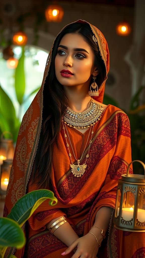 Bedouin Woman in Marrakesh Riad with Lanterns