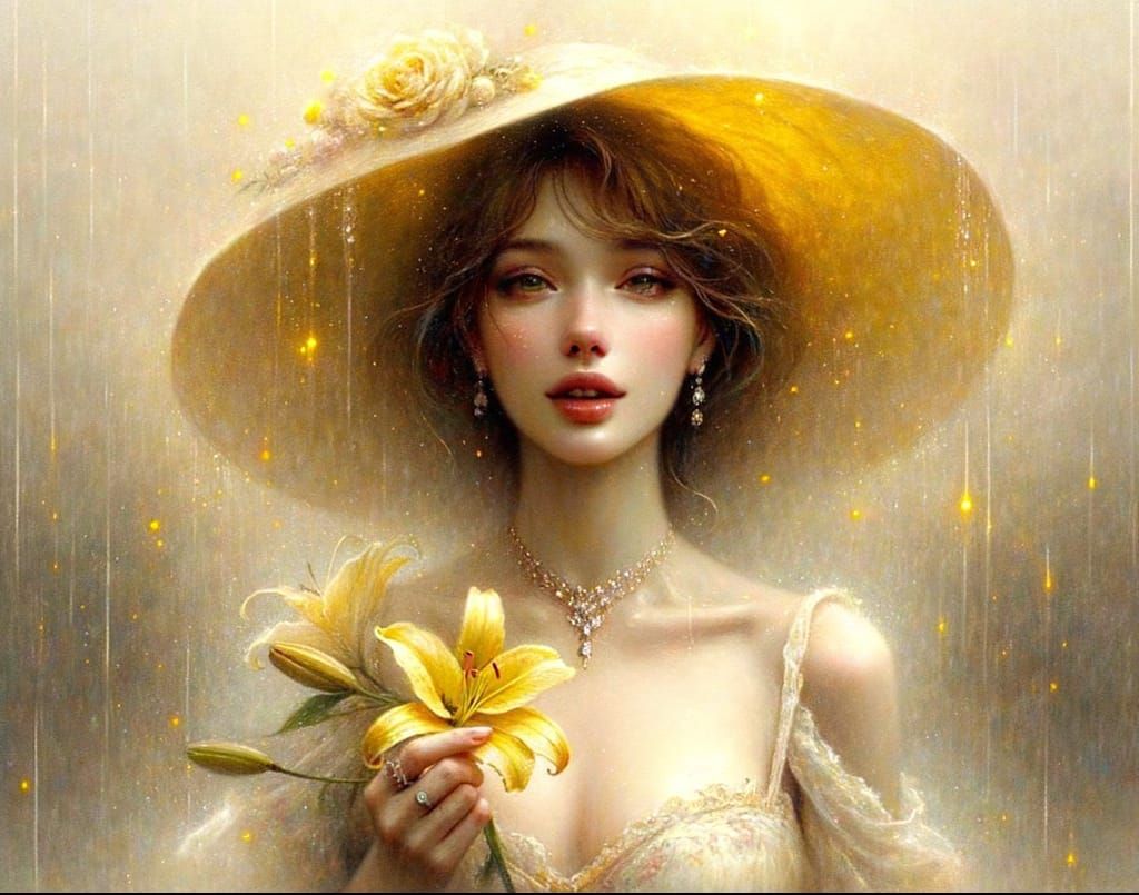 Romantic Woman with Gift in Rainy Setting