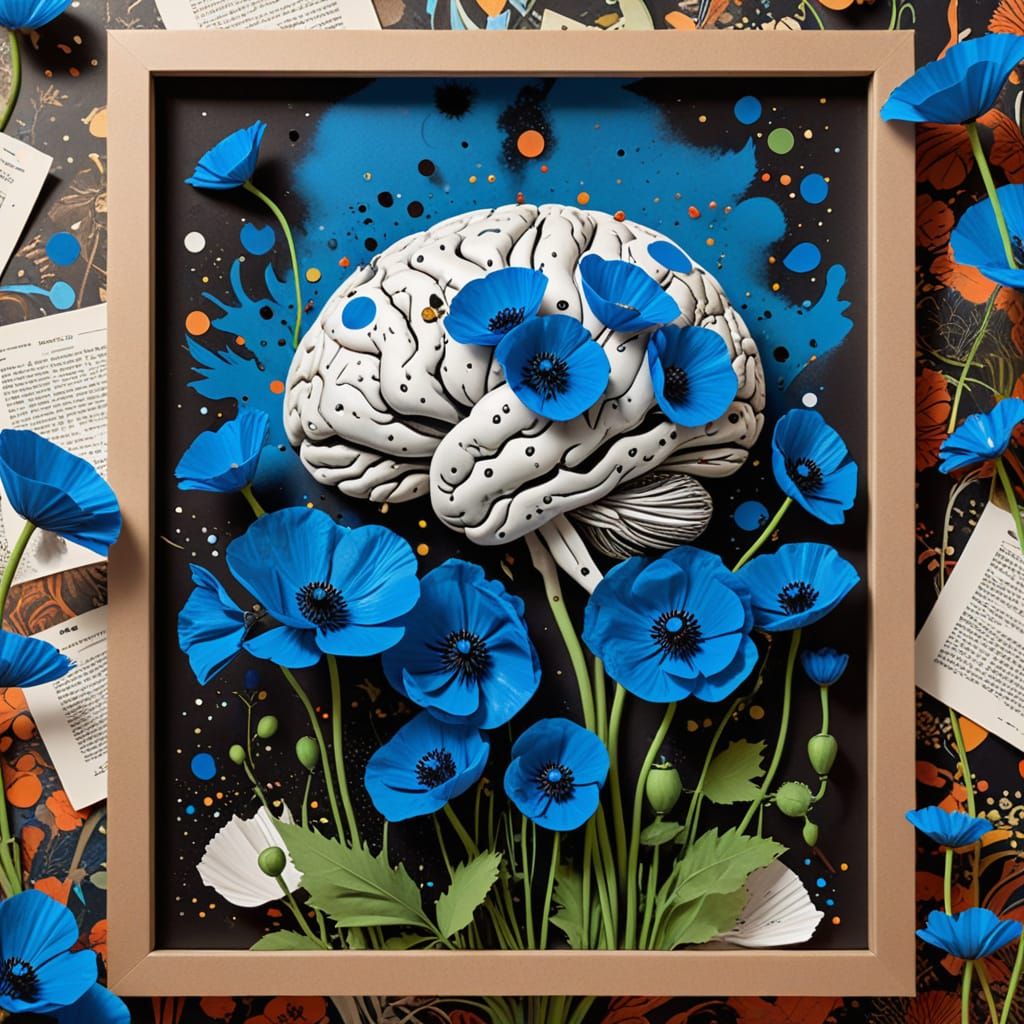 Brain Surrounded by Poppies in Retro Style