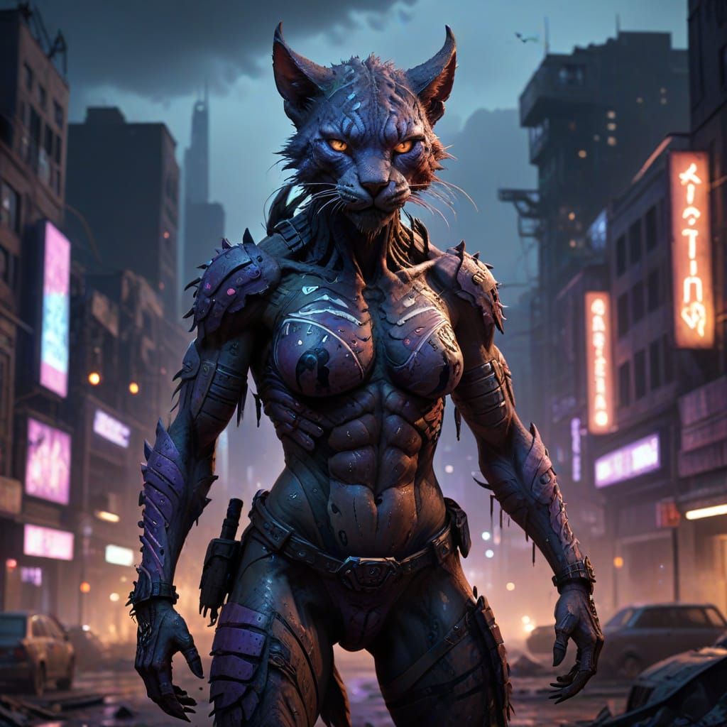 Surreal Cyberpunk Werecat in Dark Cityscape