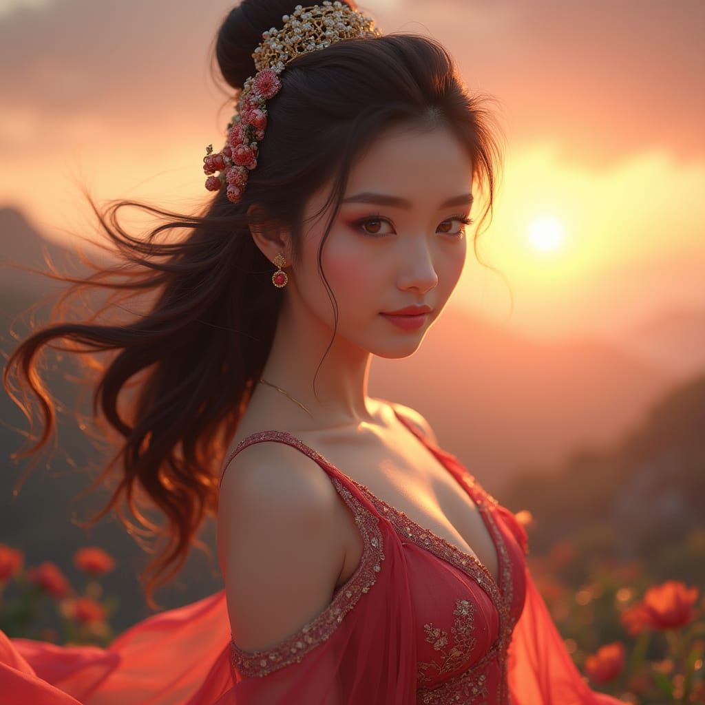 Stunning Asian Princess Portrait in Vibrant Sunset Hues