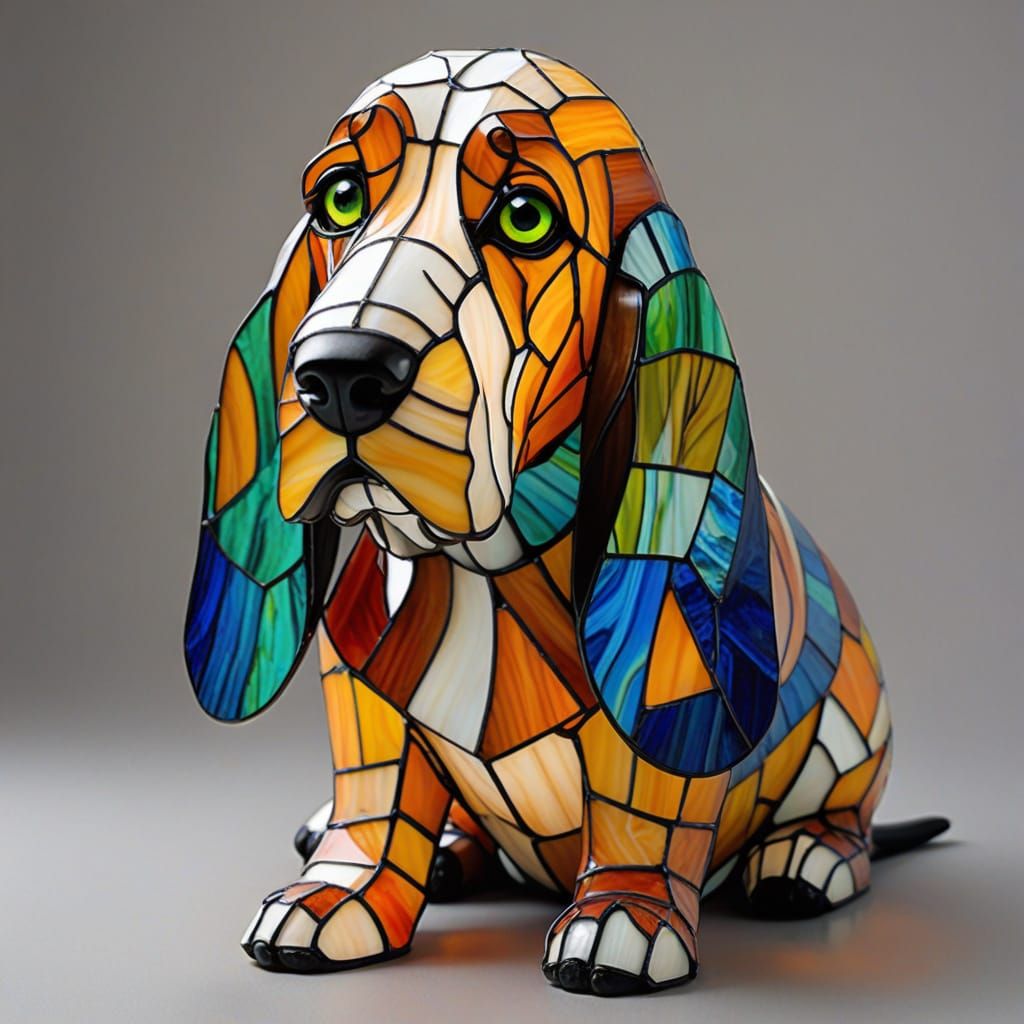 Stained Glass Basset Hound Sculpture with Warm Glow