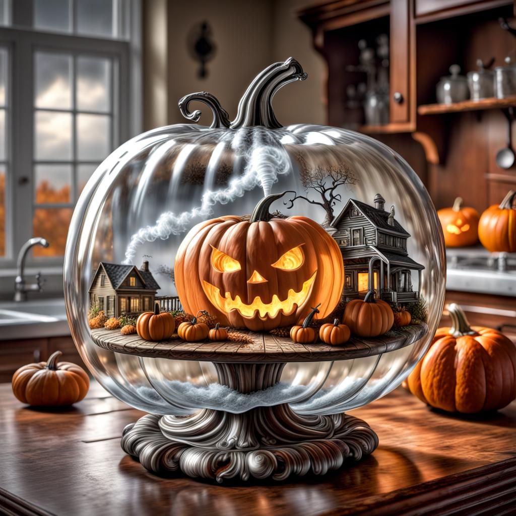 Glass Pumpkin with Tornado Scene, Hyperrealistic HDR