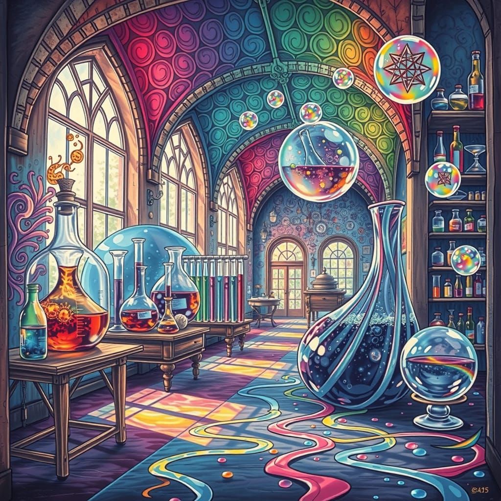 A surrealistic potion lab made of  flowing liquids in glass ...
