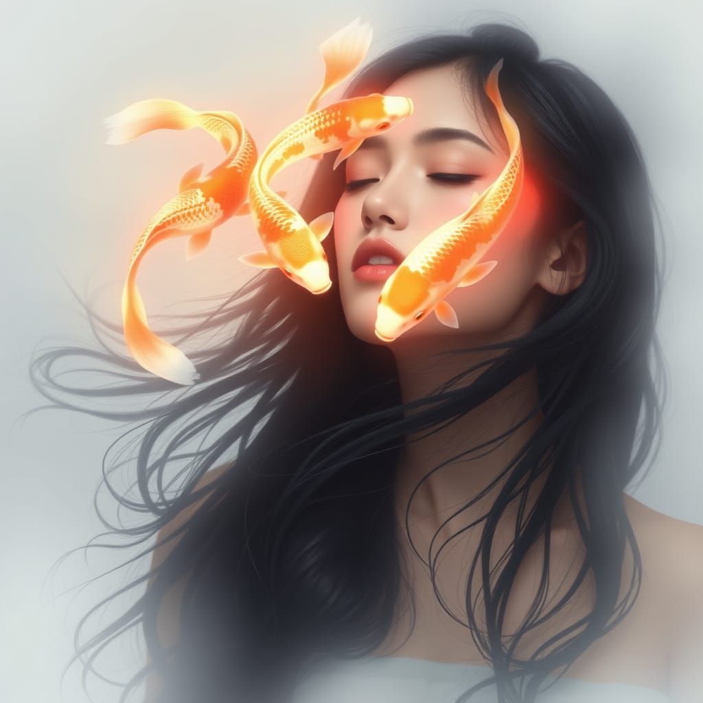 Ethereal Goddess Surrounded by Radiant Koi