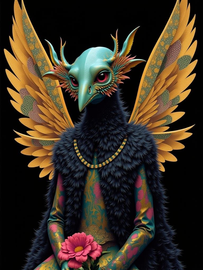 Cyberpunk Alien in Vibrant Decoupage Style