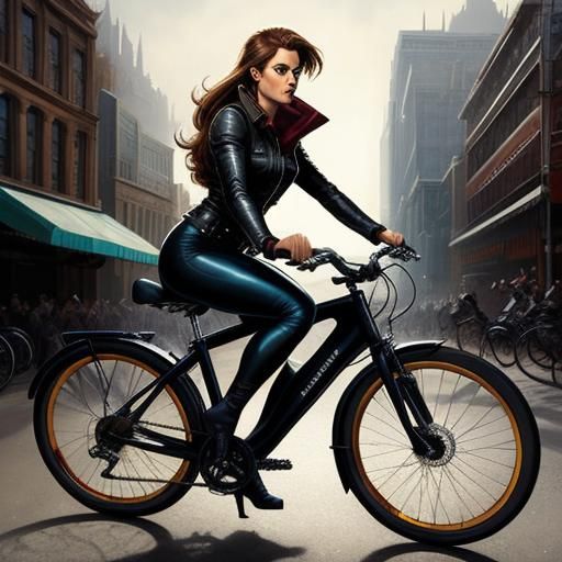 Girl in Leather Pants on Bike in Comic Book Style
