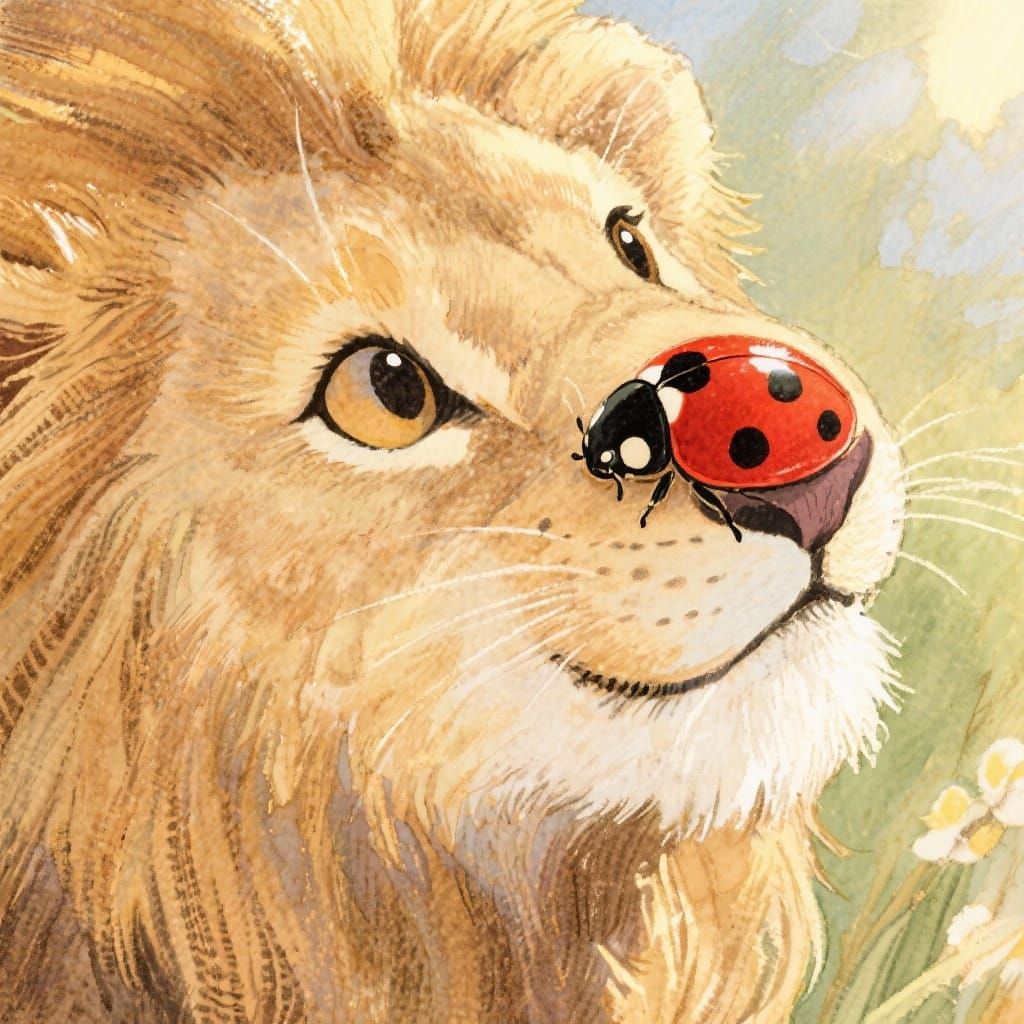 Ladybug on Lion Cub's Nose, Whimsical Watercolor Style