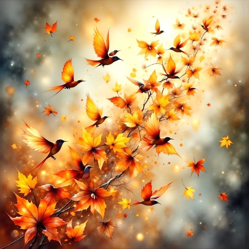 Autumn Leaves Transform Into Birds in Enchanted Watercolor