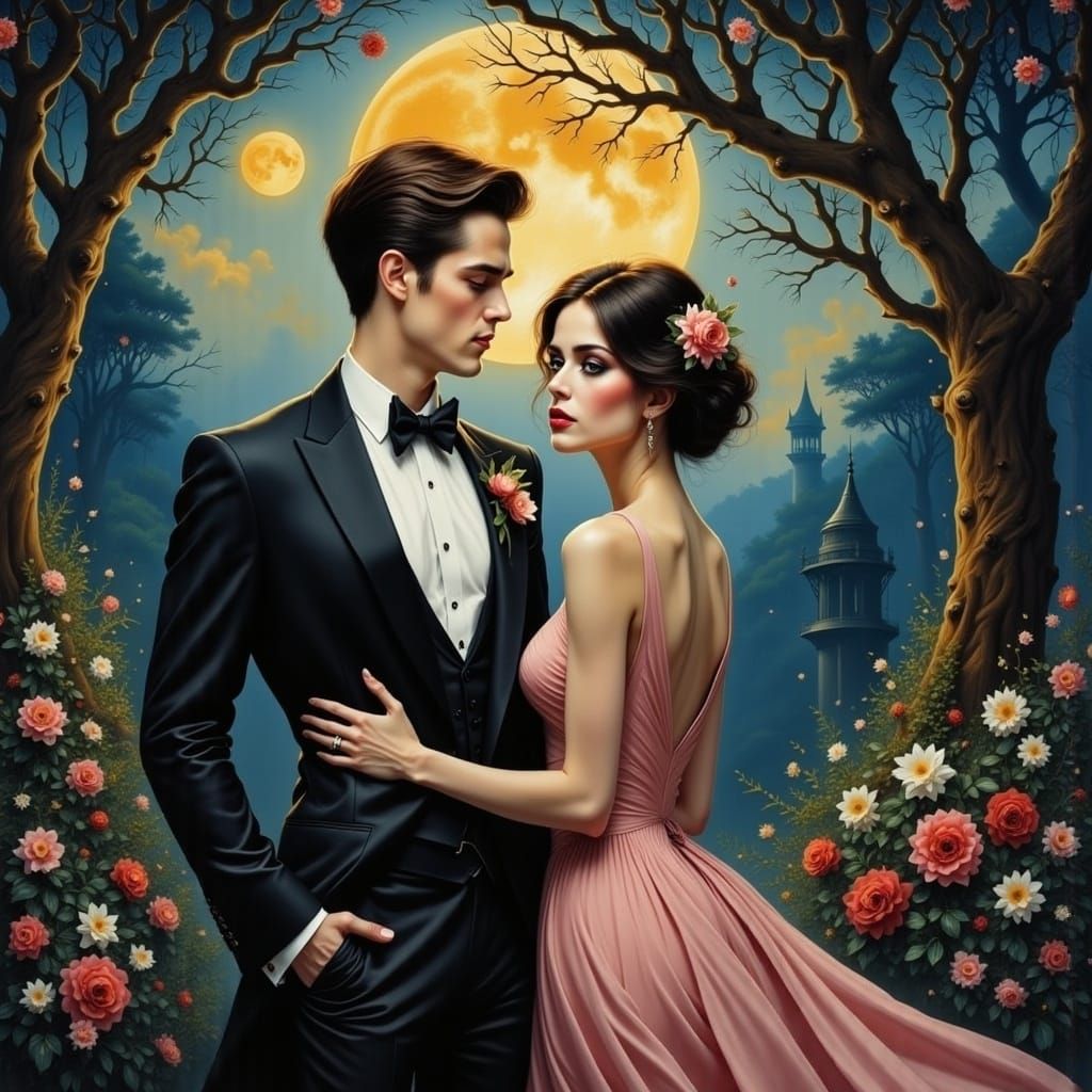 Elegant Couple in Moonlit Garden as Oil Painting