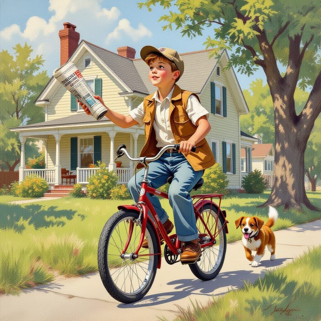 Paperboy Delivering Newspapers as Oil Painting