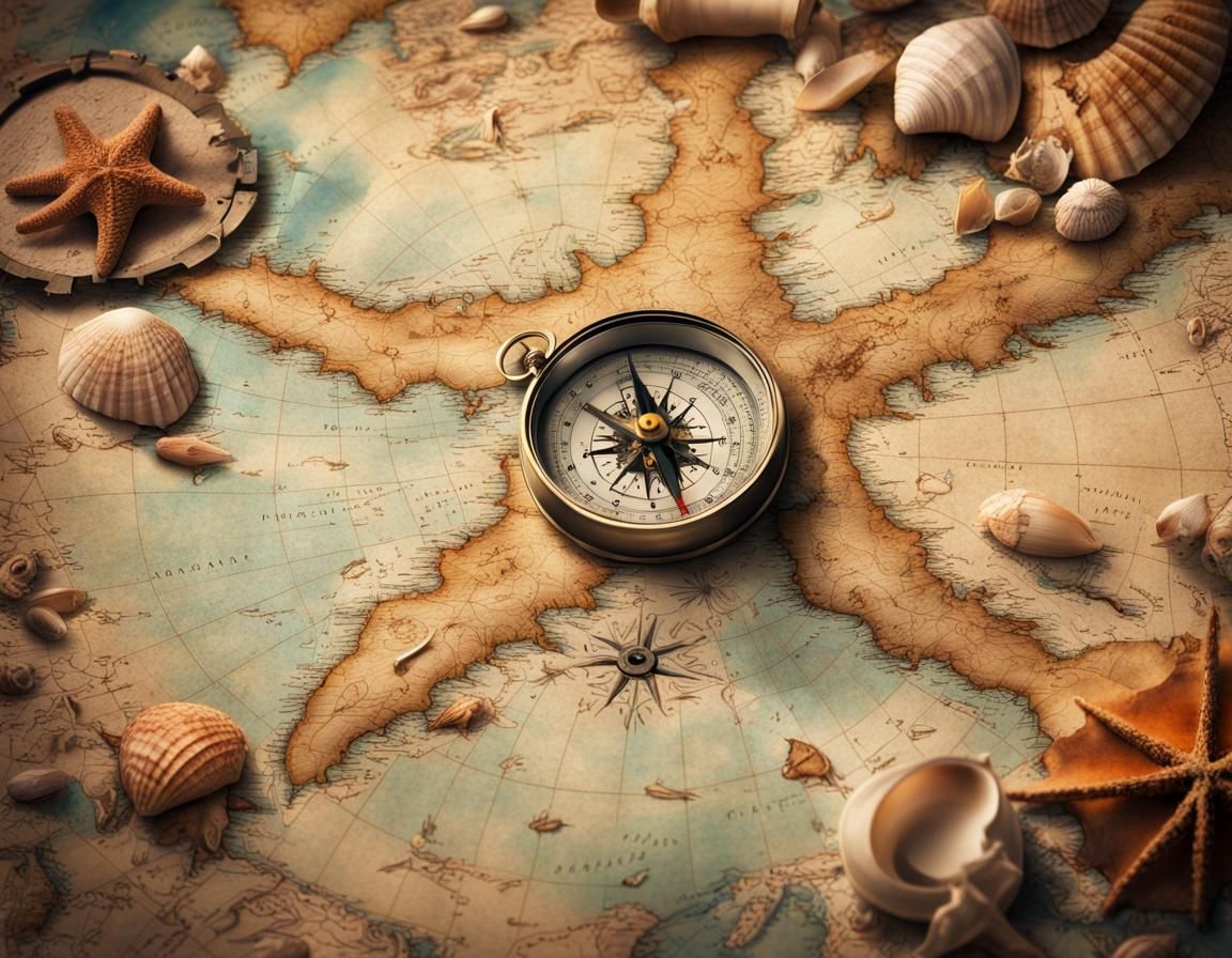 Hyperrealistic Old Map on Beach with Compass